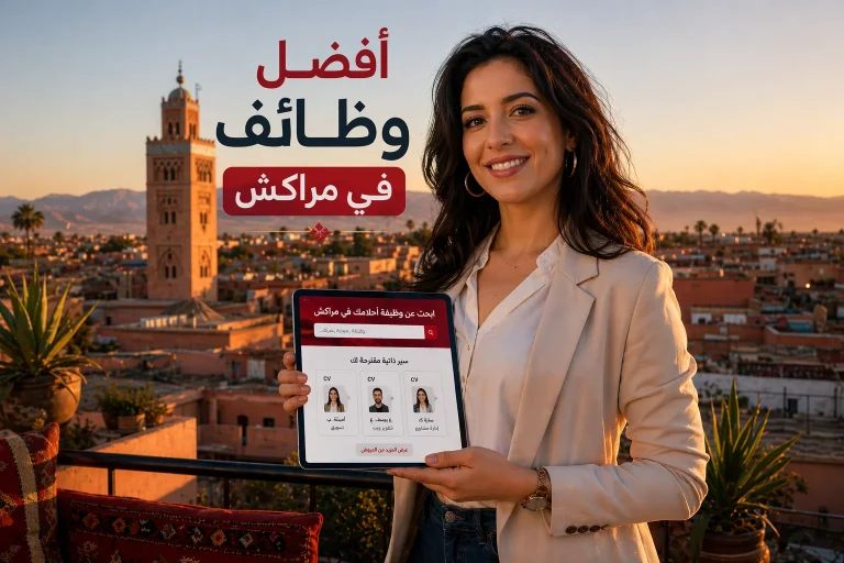 أفضل وظائف في مراكش 2026، شابة مغربية تبحث عن عمل باستخدام جهاز لوحي مع خلفية مسجد الكتبية