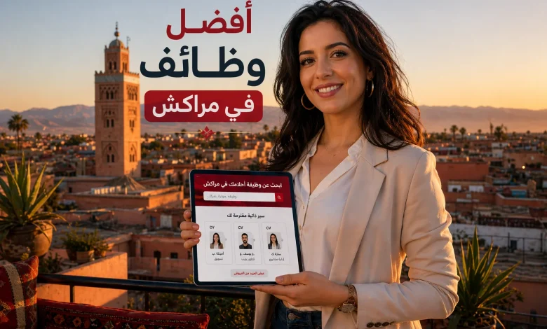 أفضل وظائف في مراكش 2026، شابة مغربية تبحث عن عمل باستخدام جهاز لوحي مع خلفية مسجد الكتبية